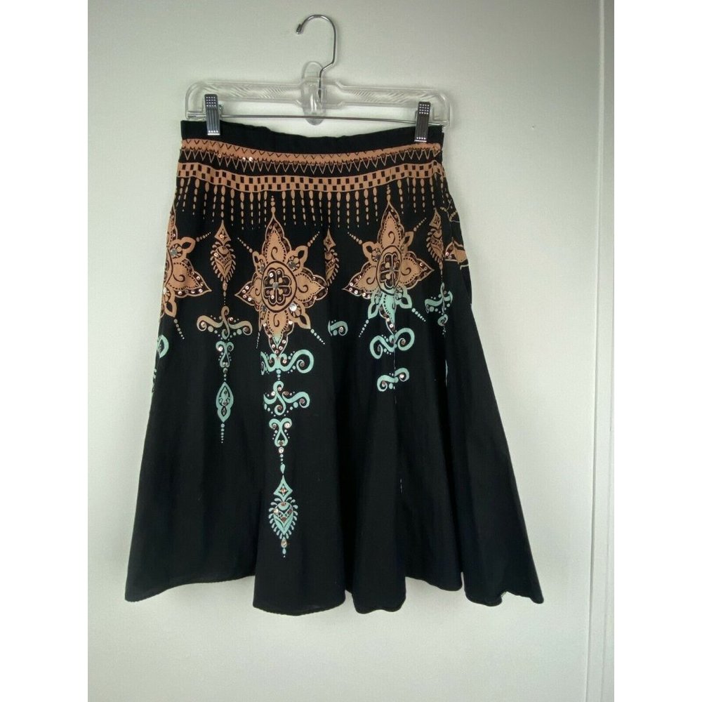 Vintage Black Tan Turquoise Flared Skirt Embellished Sequins Size S by Angie